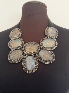 Statement Beaded Bib Necklace - Neutral Gray Agate Look